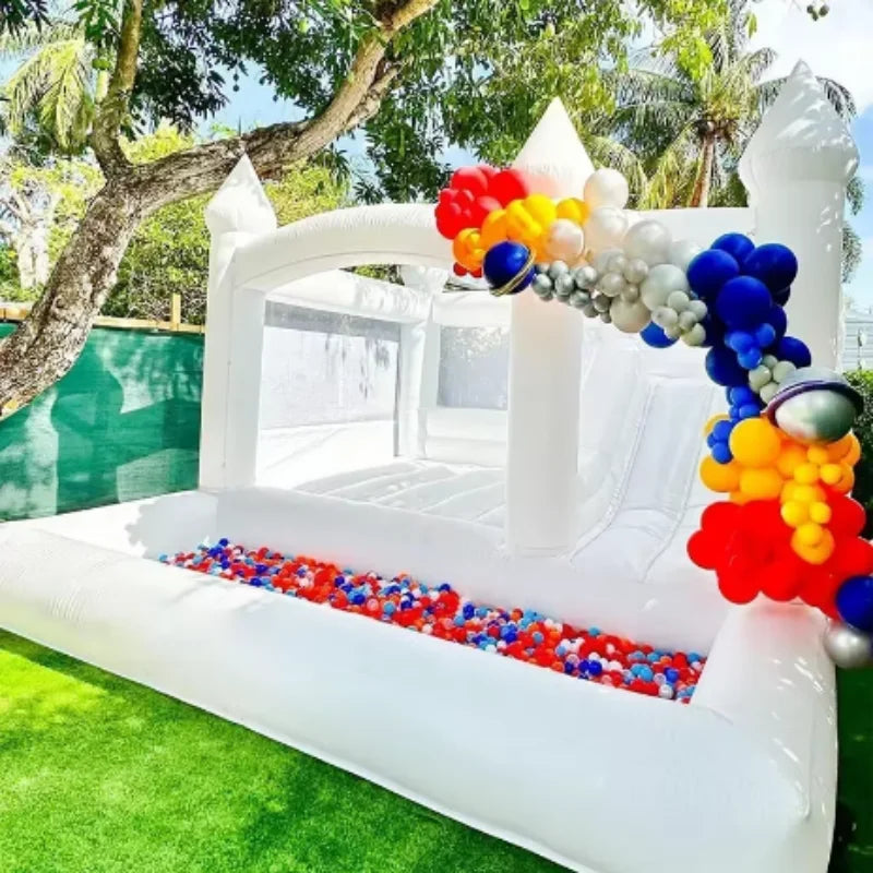 In stock! Large white bounce house, slide and ball pit, outdoor PVC trampoline, bouncy castle with blower for kids and adults