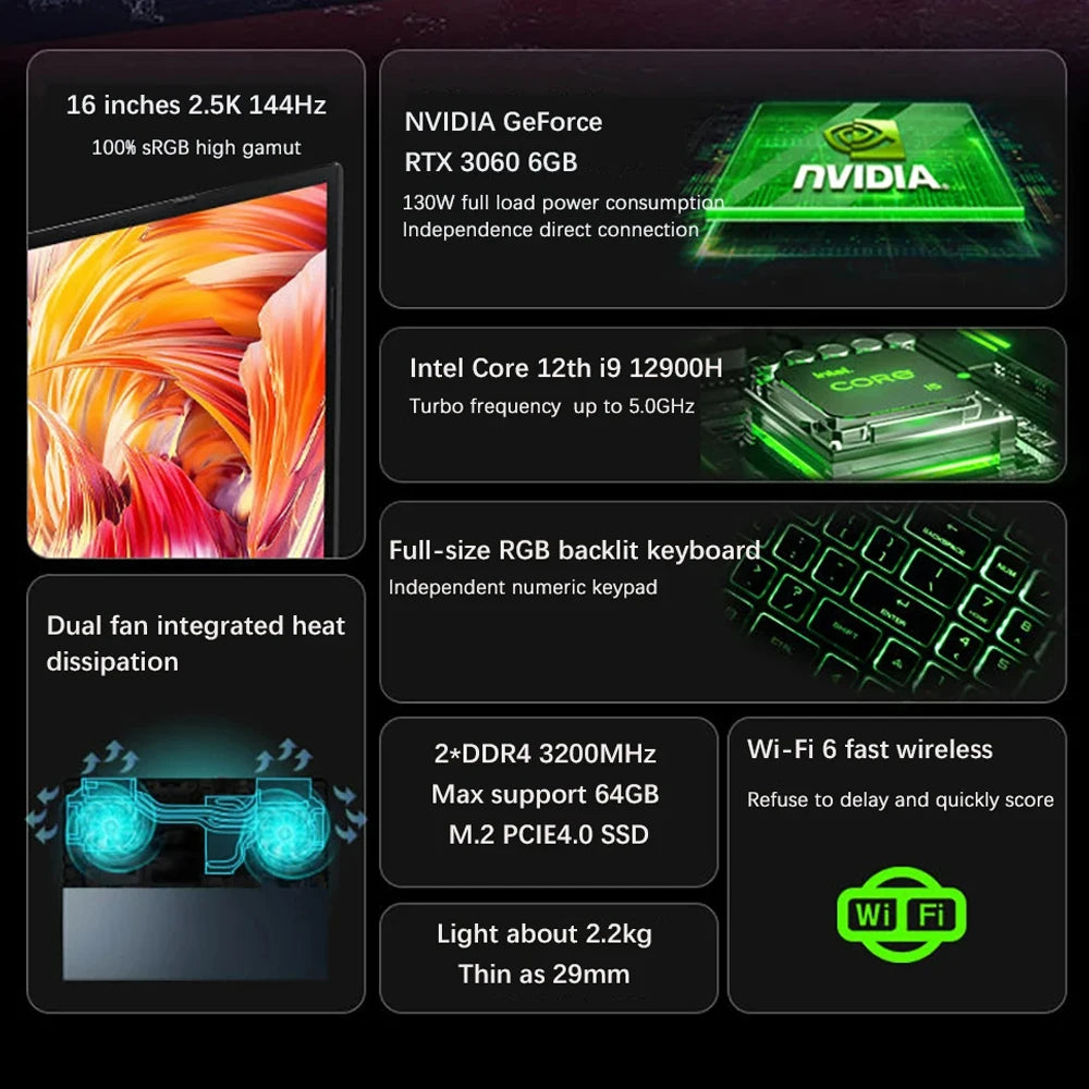 16.1 Inch Gaming Laptop Intel i7 8750H NVIDIA RTX 3060 6G 32GB DDR4 2TB SSD 144Hz RGB Keyboard WIFI 6 BT5.2 Windows11