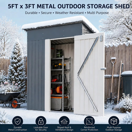 5x3 FT Metal Outdoor Storage Shed Small Garden Tool Shed with Lockable Door Weather Resistant Sloped Roof Ventilation for Backyard Patio Lawn Equipment Garbage Bin Storage