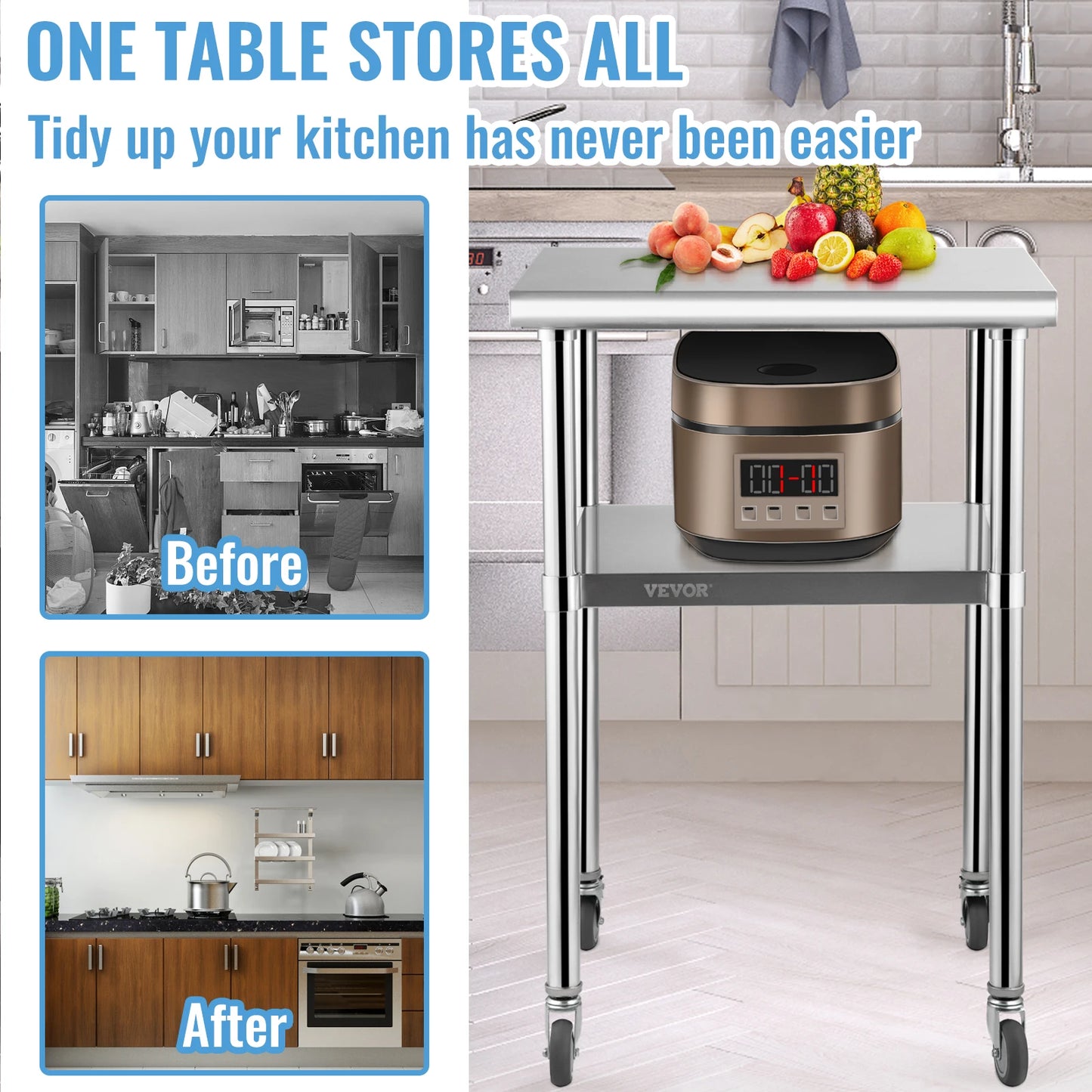 SucceBuy 24 x 24 in Stainless Steel Kitchen Worktable shelves Commercial Work Bench Table with Caster Wheels for Home Kitchen
