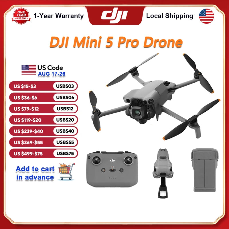 Mini 5 Pro Camera Drones ActiveTrack 360° Ultra-Light Foldable with 1-Inch CMOS 4K Camera Drone Omnidirectional Obstacle Sensing 225° Gimbal 20km Transmission With Mini 5 Pro Accessories for Beginners