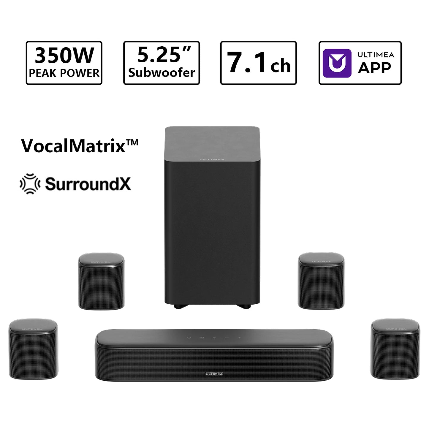 ULTIMEA Aura S4T 7.1CH Soundbar with 5.25'' Subwoofer, 4 Surround Speakers, 350W Peak Power,App Control,Home Theater TV Speaker