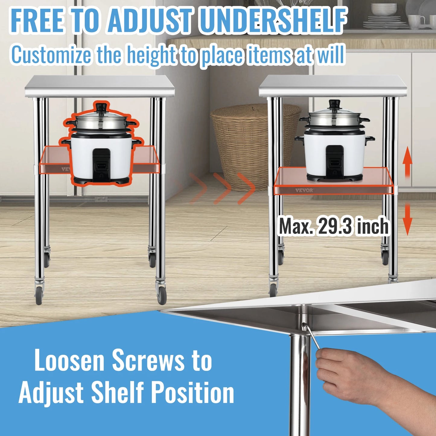 SucceBuy 24 x 24 in Stainless Steel Kitchen Worktable shelves Commercial Work Bench Table with Caster Wheels for Home Kitchen
