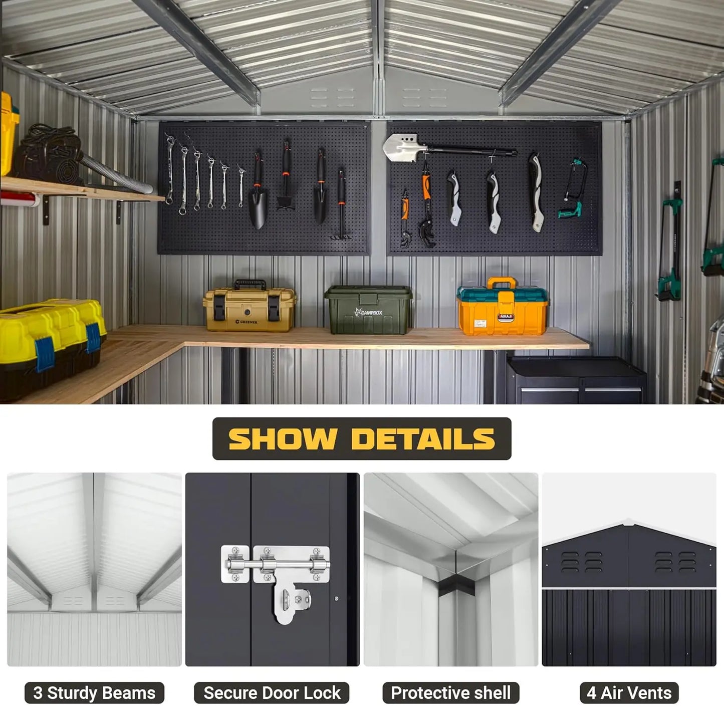 8x12FT Outdoor Metal Storage Shed Updated Frame Tool Backyard Garden Patio Lawn, Customized
