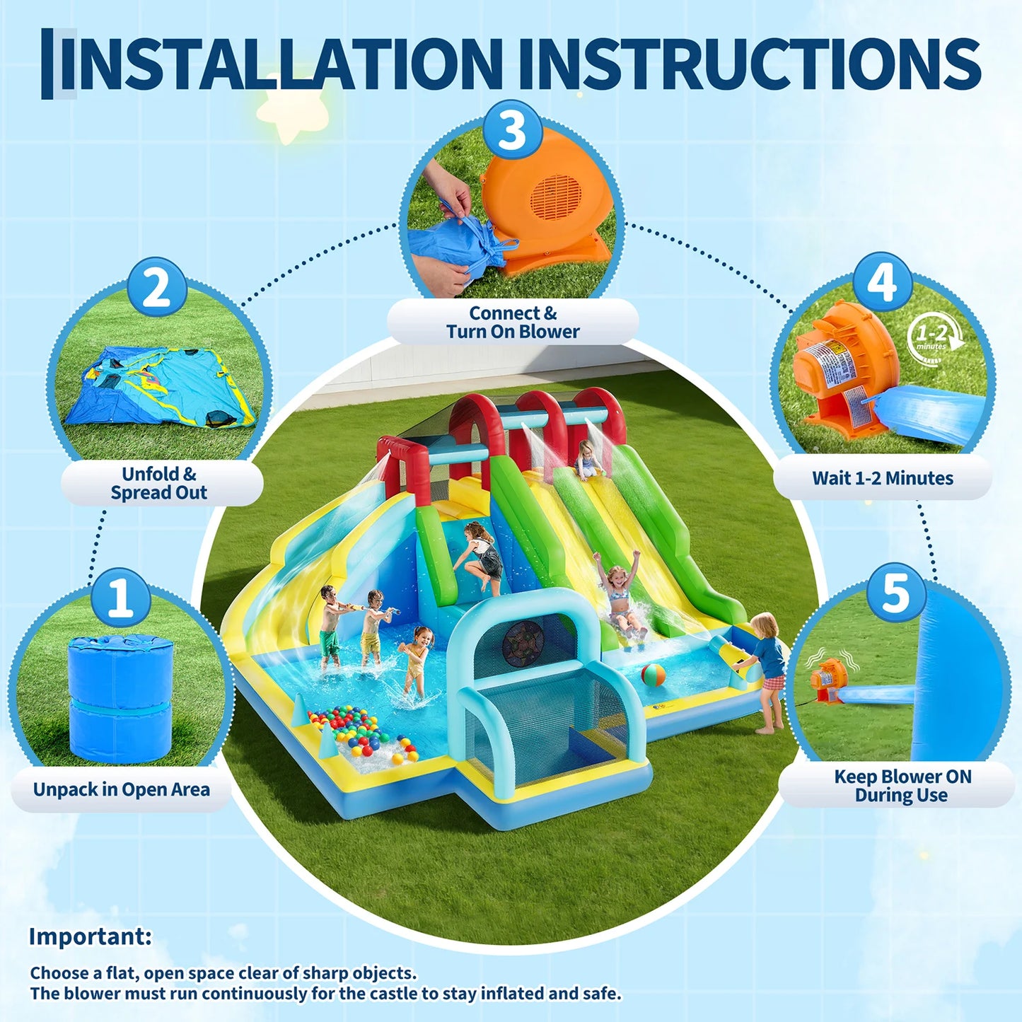 Inflatable Bounce House 3 Water Slides Oxford Fabric Bouncy Castle Kids Play Center with Blower for Indoor Outdoor Backyard Fun