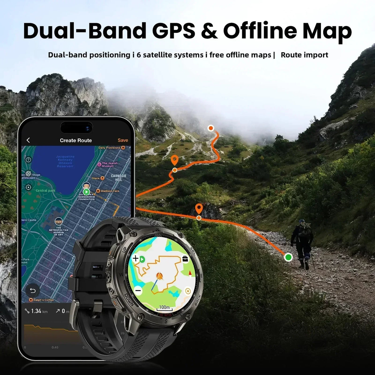 T4 Smart Watch for Men 6-Sat GPS Offline Maps 10ATM Waterproof Heart Rate Diving Skiing Hiking for Android iOS