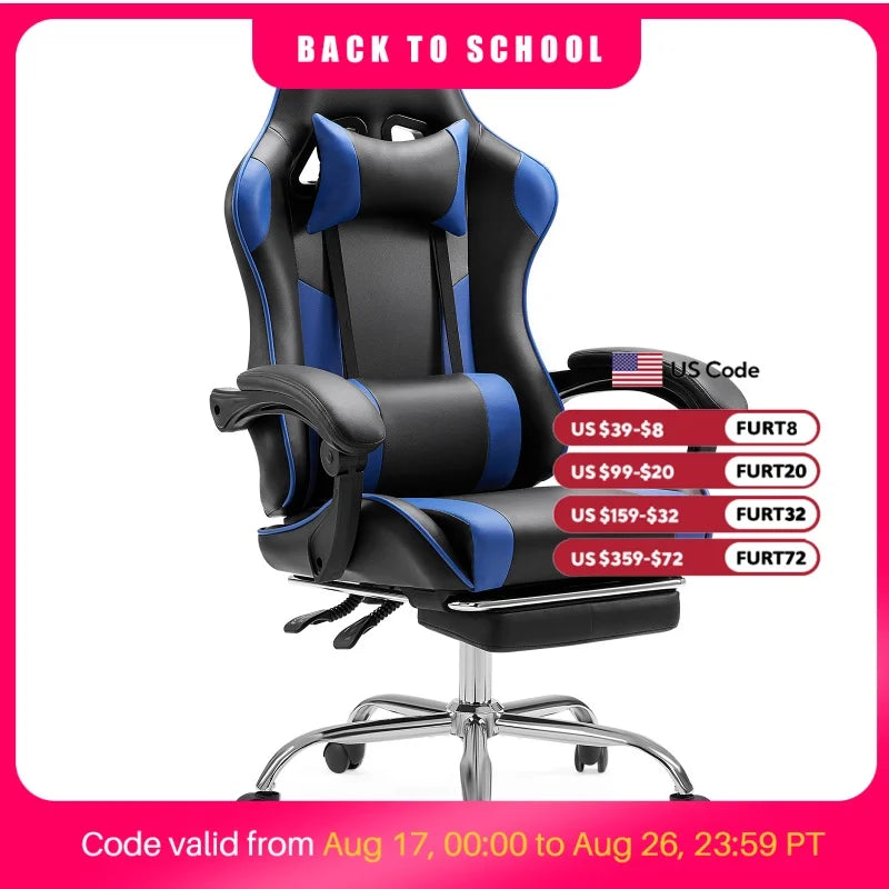 Ergonomic Racing Gaming Chair Adjustable Swivel PU Leather with Headrest and Lumbar Support For Office Computer Living Room