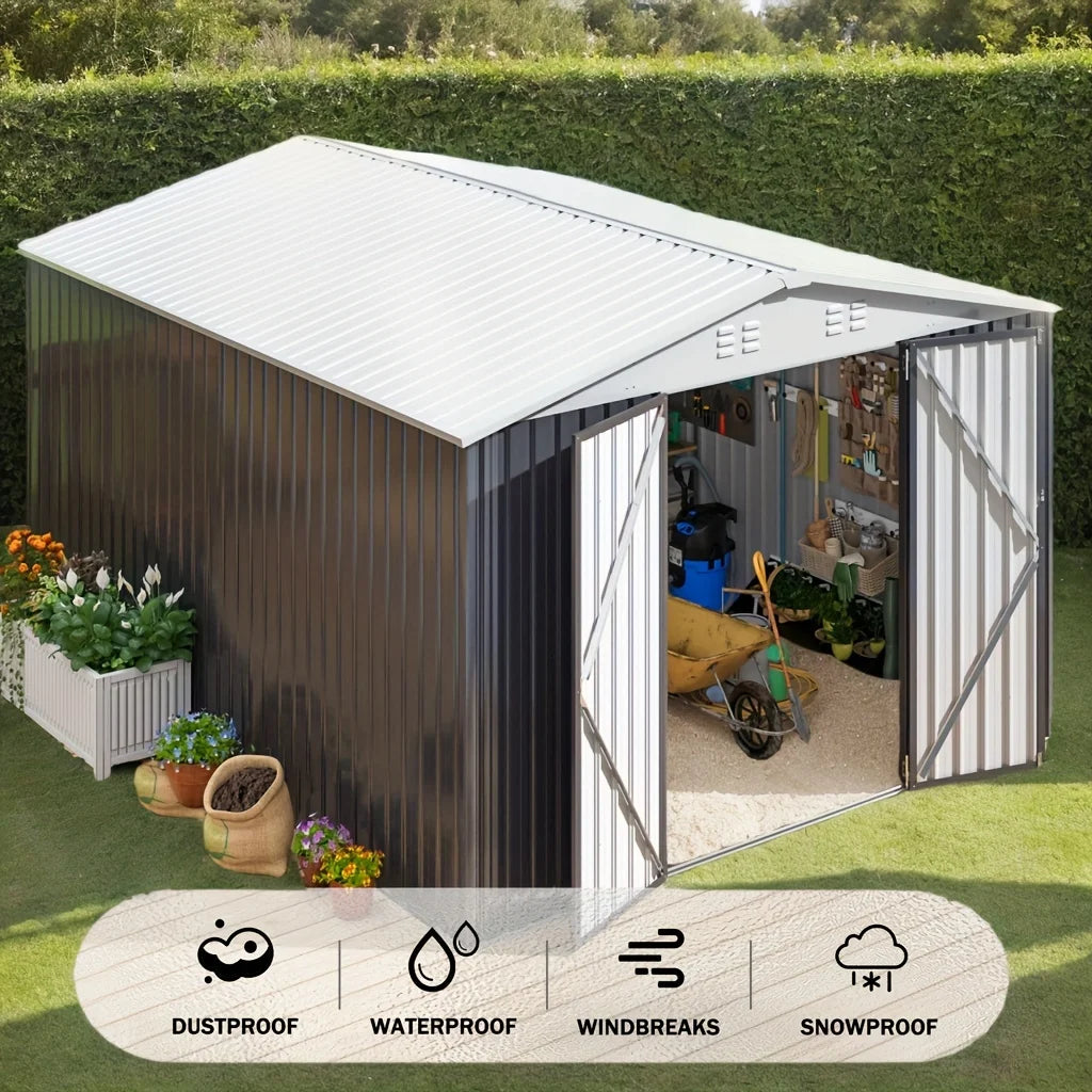 VIWAT 10x14FT Galvanized Steel Storage Shed, Reinforced Frame & Lockable Door, Garden Tool Shed for Backyard, Patio