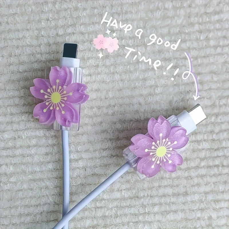2pcs Cartoon Cable Protector Cute Flowers USB Charger Protector Cable Organizer Kawaii Data Line Cord Cable Winder For iPhone