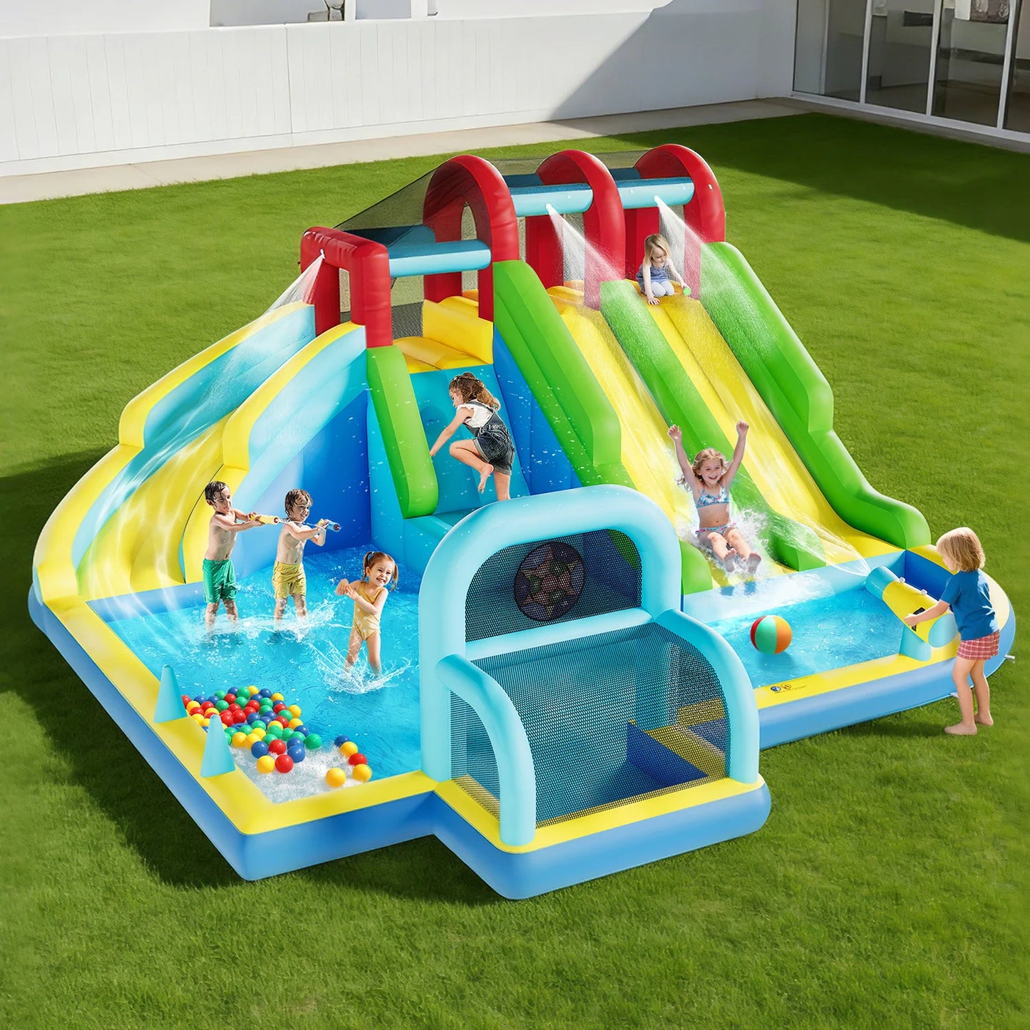 Inflatable Bounce House 3 Water Slides Oxford Fabric Bouncy Castle Kids Play Center with Blower for Indoor Outdoor Backyard Fun