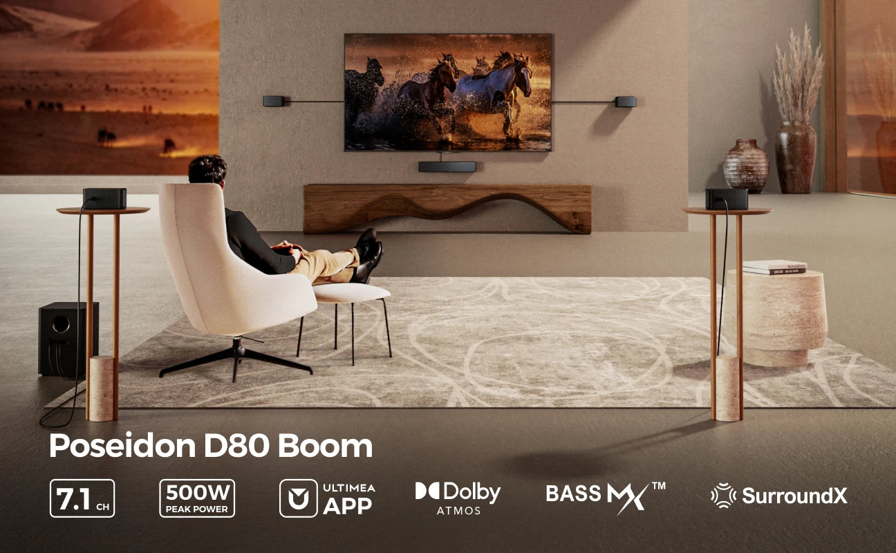 ULTIMEA Poseidon D80 Boom 7.1ch 500W Dolby Atmos Soundbar, Wireless Subwoofer & 4 Surround Speakers, Home Theater TV,APP Control