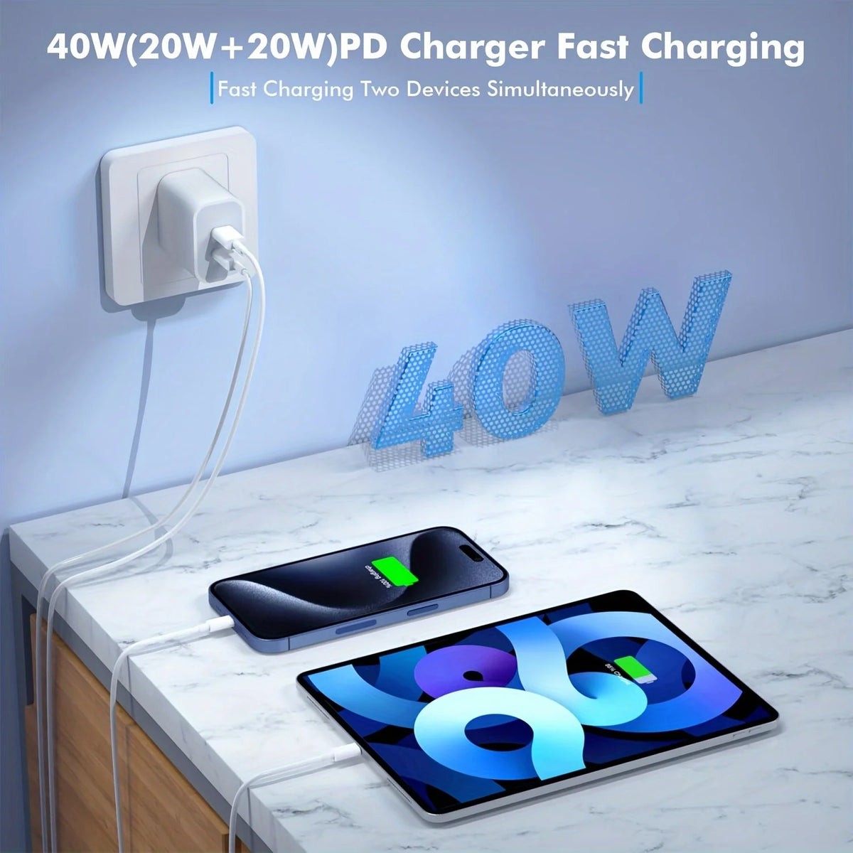 2Pack 40WPD Dual Port Charger Fast Charging With 10FT USB C To C Charging Cable For IPhone 15 Pro Max/15Pro/15/15Plus, IPad Pro