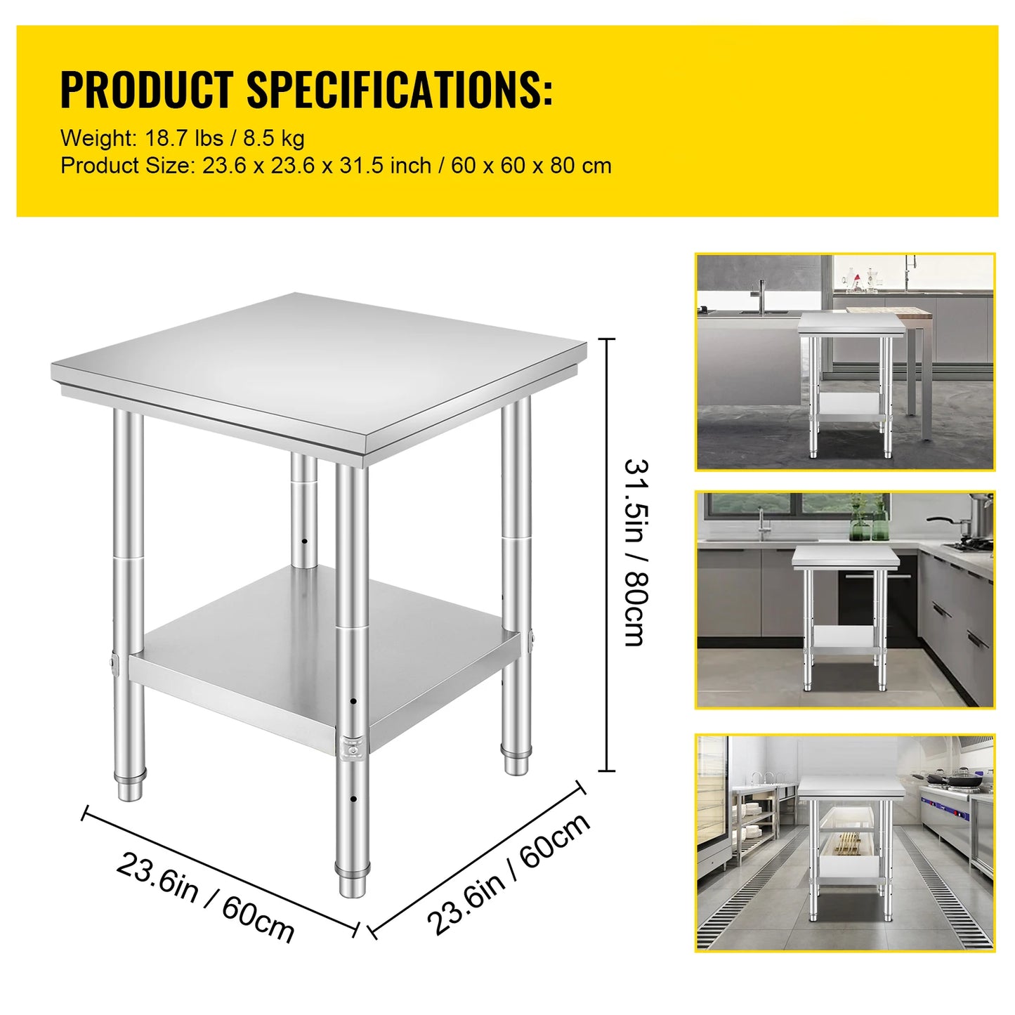 SucceBuy Stainless Steel Table for Prep & Work Metal Commercial Kitchen Heavy Duty Table with Adjustable Under Shelf and Foot