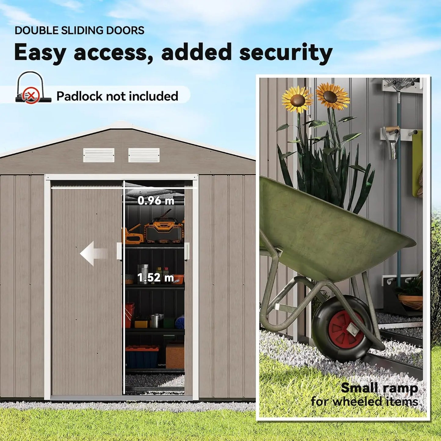 9x6ft Metal Outdoor Storage Shed Tool House Double Lockable Door Air Vents Sloping Roof Backyard Patio Lawn Customized
