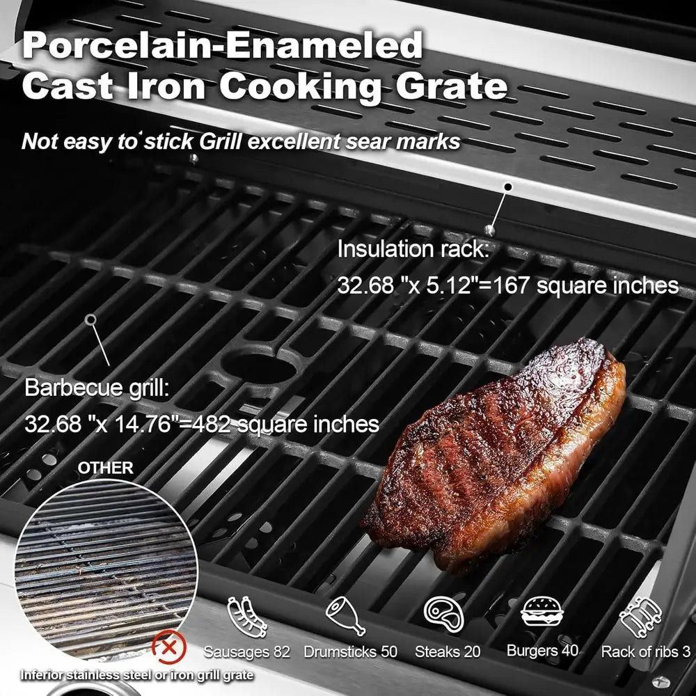 Upgraded 60,000 BTU Stainless Steel Burner Barbecue Grill, 6 Burner BBQ Propane Gas Grill with Side Stove & Cast Iron Grates for