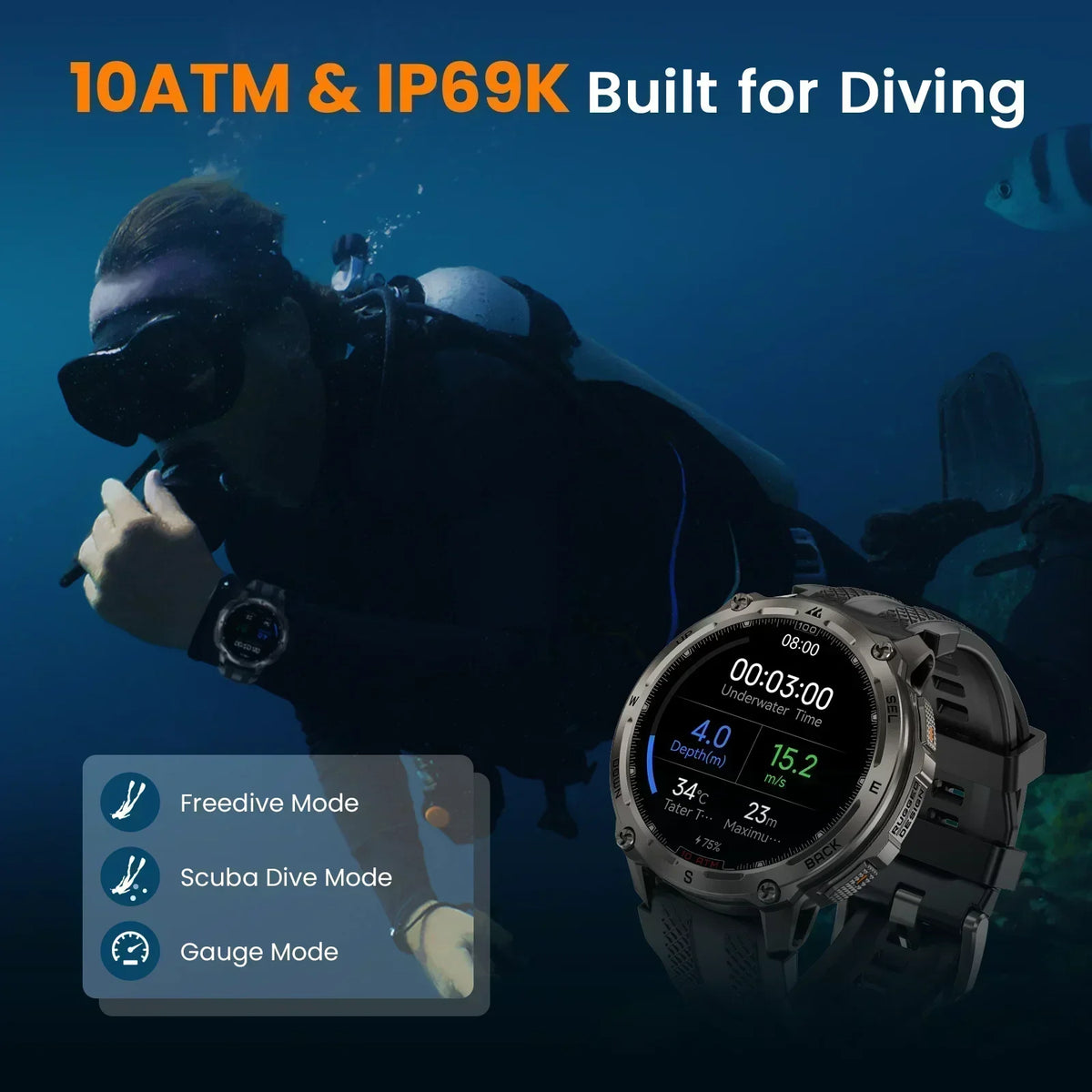 T4 Smart Watch for Men 6-Sat GPS Offline Maps 10ATM Waterproof Heart Rate Diving Skiing Hiking for Android iOS