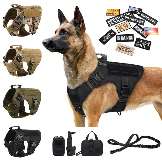 Military Large Dog Harness Collar Leash Bags Patches Set Pet Malinois Training Vests Tactical Dogs Harnesses Accessories