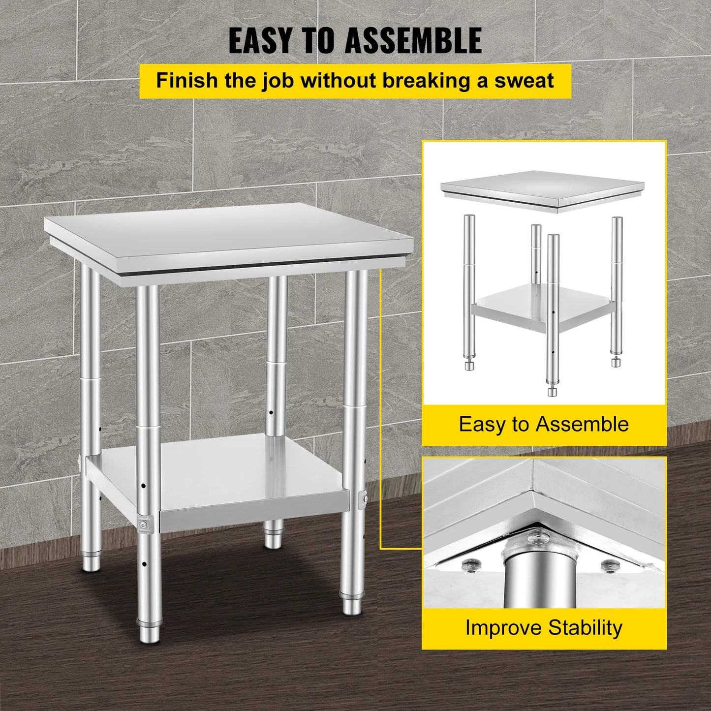 SucceBuy Stainless Steel Table for Prep & Work Metal Commercial Kitchen Heavy Duty Table with Adjustable Under Shelf and Foot