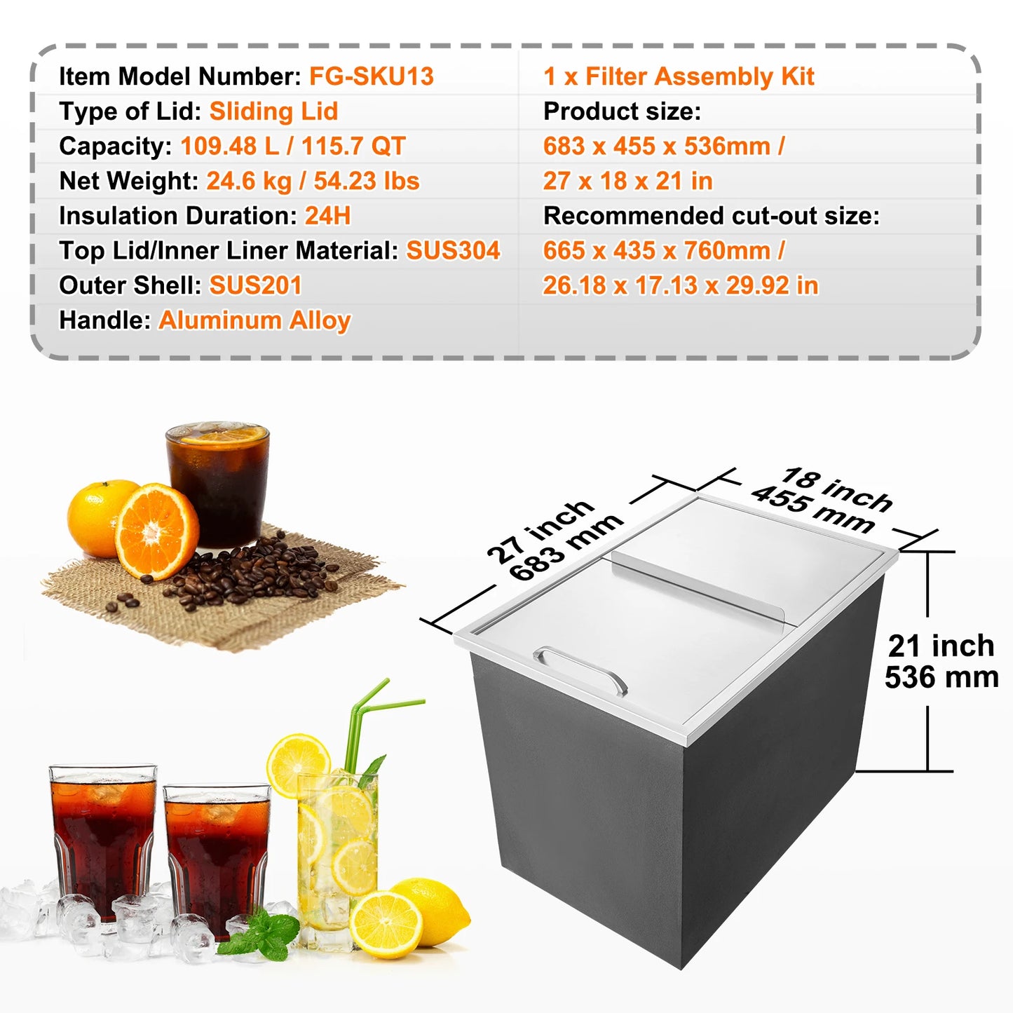 SucceBuy Drop in Ice Chest Stainless Steel Ice Cooler Commercial Ice Bin with Sliding Cover Outdoor Kitchen Ice Bar