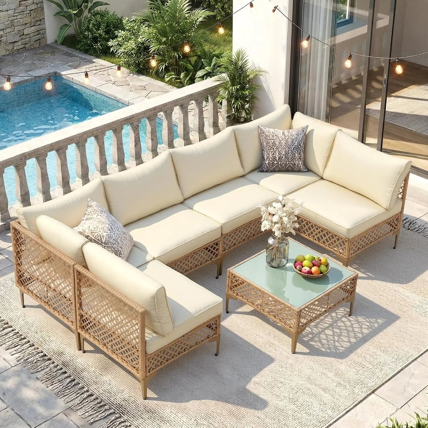 7-Piece Wicker Patio Sectional Sofa with Cushions & Glass Coffee Table for Porch Garden Backyard, Customized