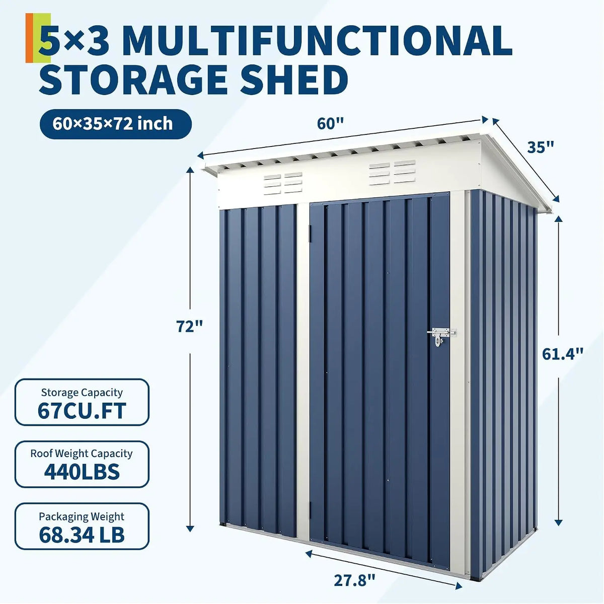 Heavy Duty 5x3 FT Metal Outdoor Storage Shed Weather Resistant Garden Tool Storage House with Sloped Roof Lockable Door Backyard Patio Equipment Organizer