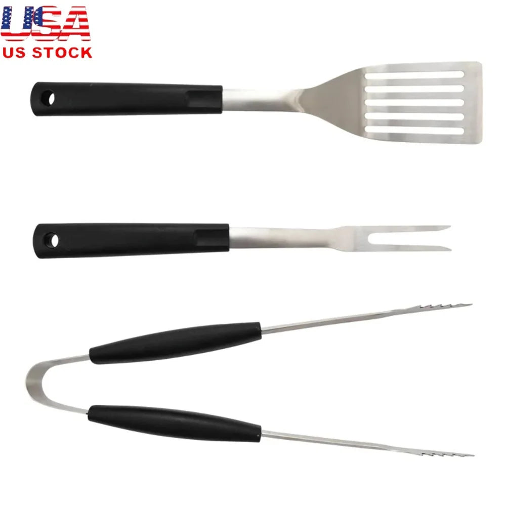 3 Piece Stainless Steel Barbecue Tool Set Fork Tongs Spatula Grilling Utensils Durable Plastic Handle BBQ Cooking