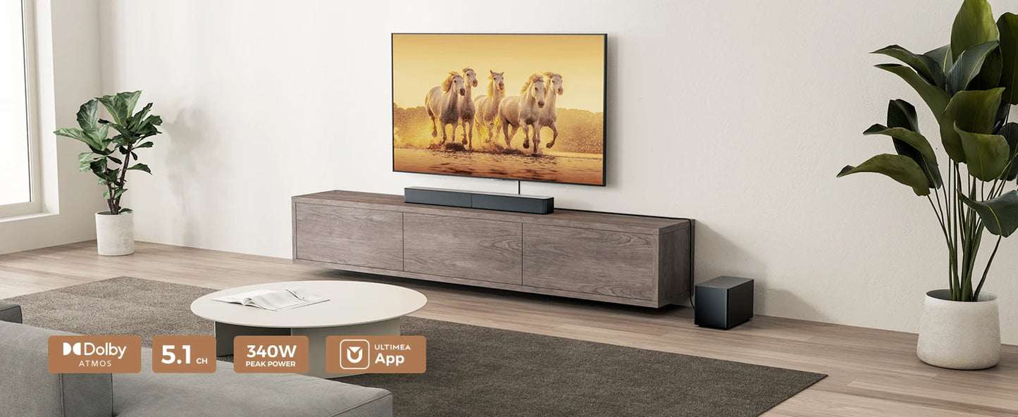 ULTIMEA Poseidon M60 Boom 5.1ch Soundbar with Dolby Atmos, 340W Home Theater System with 5.25" Wired Subwoofer, APP Control