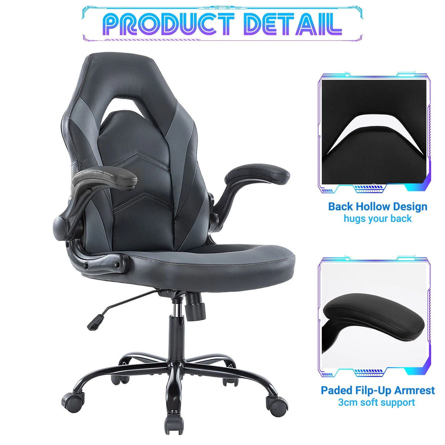 JHK Ergonomic Office Computer Home Gaming Desk Chair Adjustable PU Leather Racing Chair Flip-up Armrest
