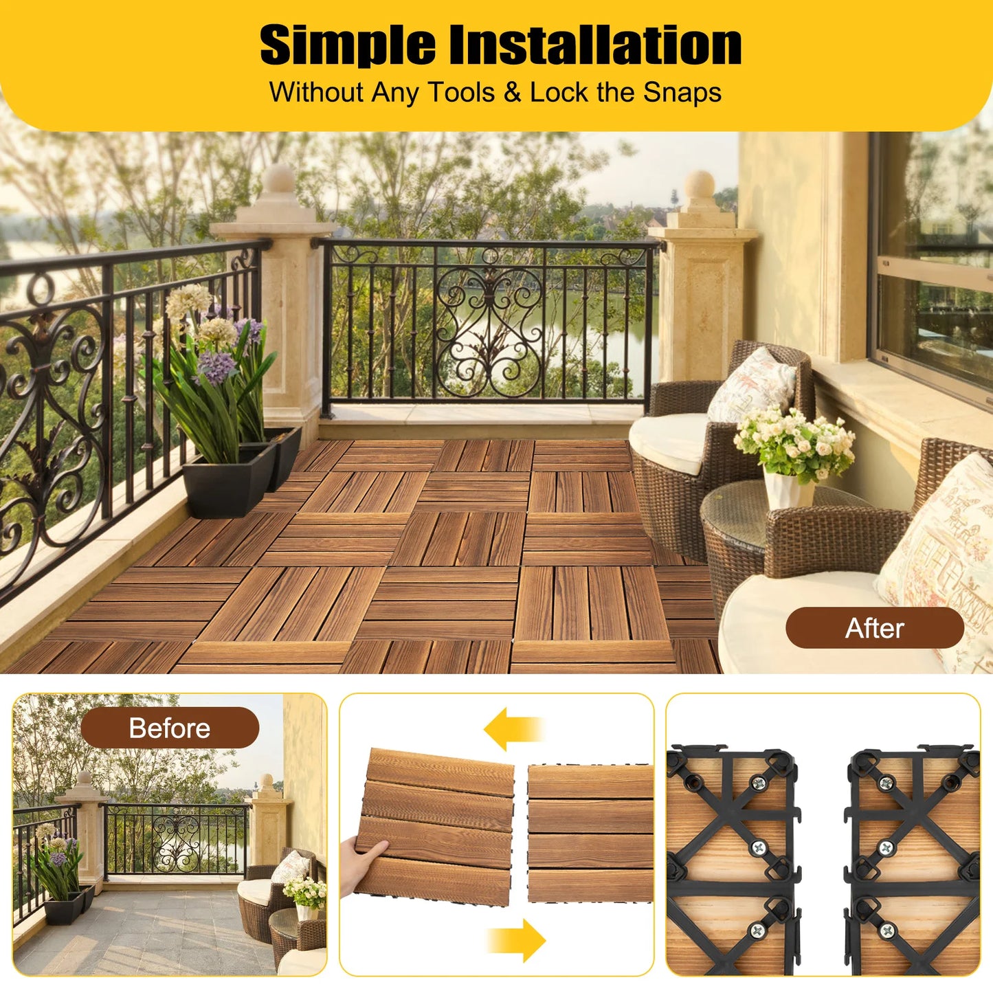 12''x12'' 36Pcs Patio Deck Tiles Wood Plastic Composite Interlocking Decking Tiles for Indoor & Outdoor Waterproof Brown