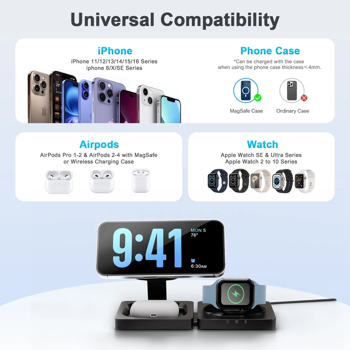 Magnetic Wireless Charger 3-in-1 Folding Fast Charging Station Foldable Travel for Magsafe  iPhone 17/16/15/14/13 Watch Airpods