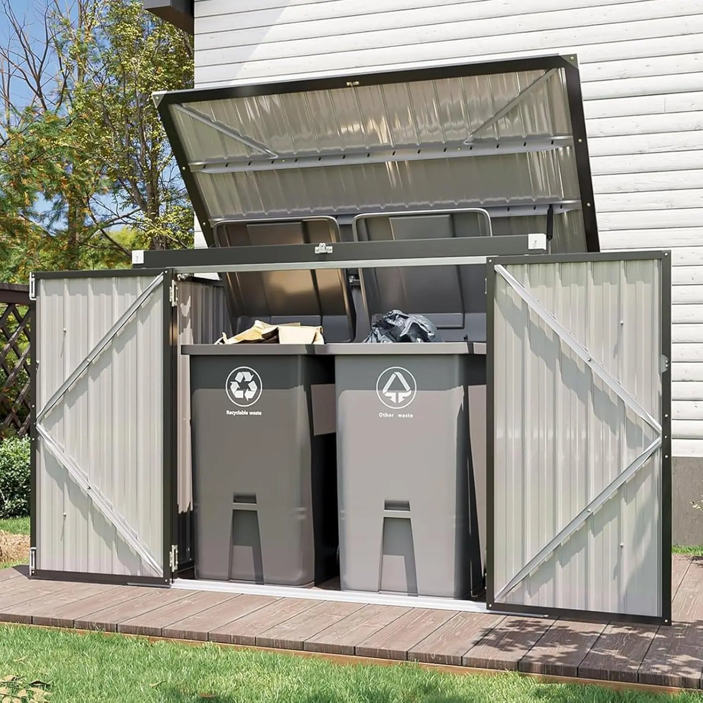 80 cu.ft Metal Outdoor Storage Shed with Chain Lid Waterproof Garbage Can Organizer for 2 Bins Toys Garden Tools, Customized
