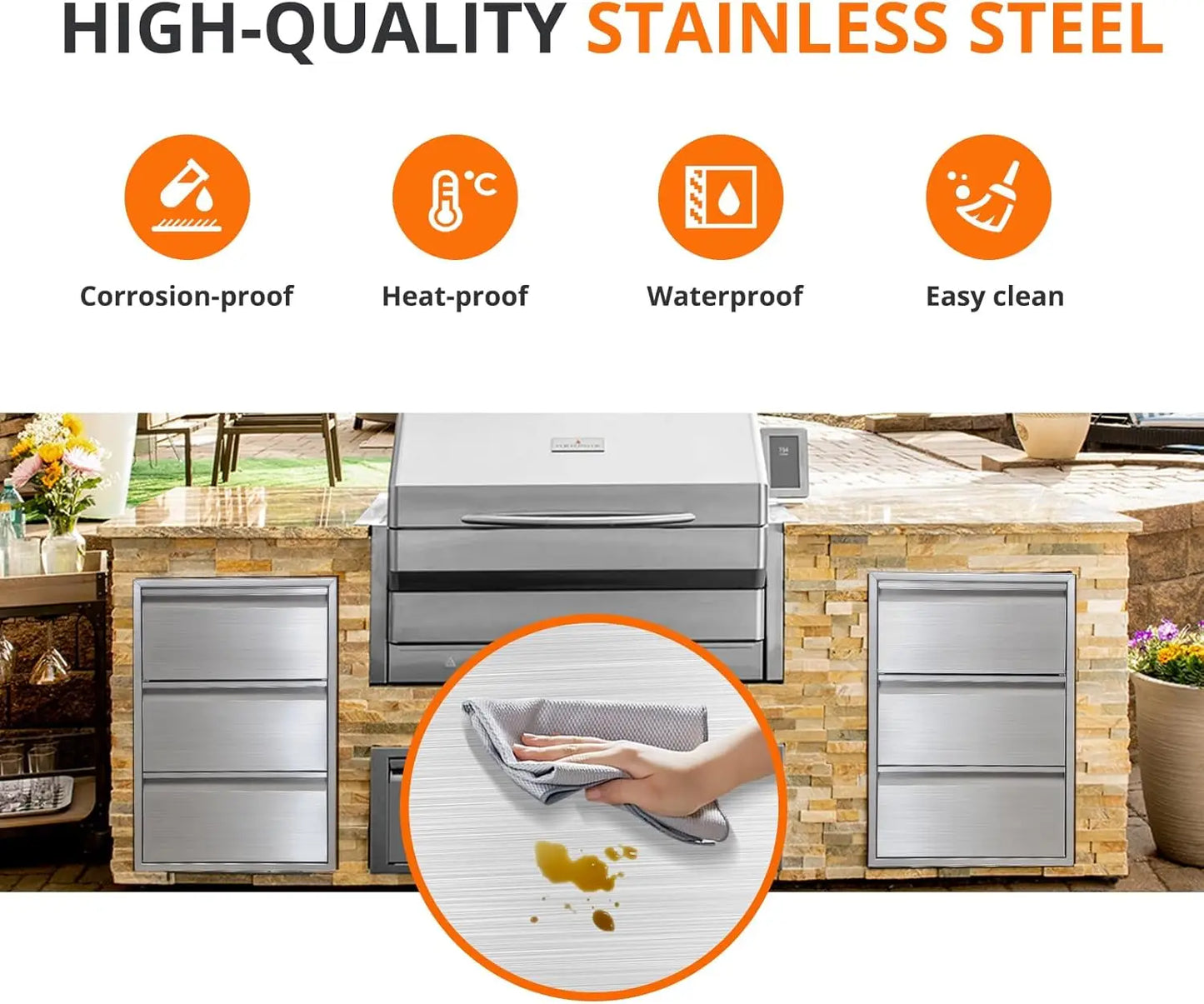 Outdoor Kitchen Drawers with Paper Towel Holder, Stainless Steel Outdoor Kitchen Drawers, 3-Layer Flush Mount BBQ Drawers