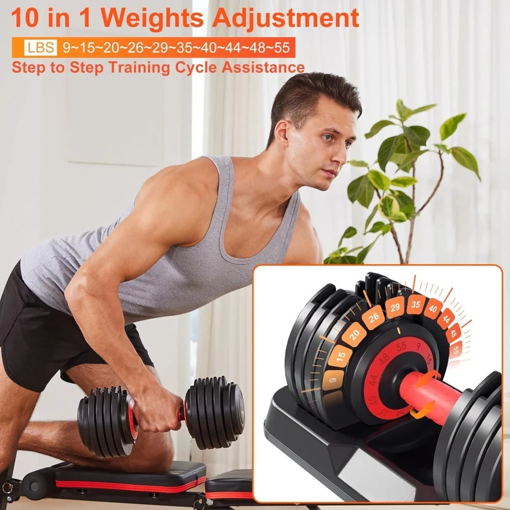 Adjustable Dumbbell Set, 10-in-1 25LB/55LB Ajustable Dumbbells with Safe Locking System, Enclosed Storage Tray, Customized