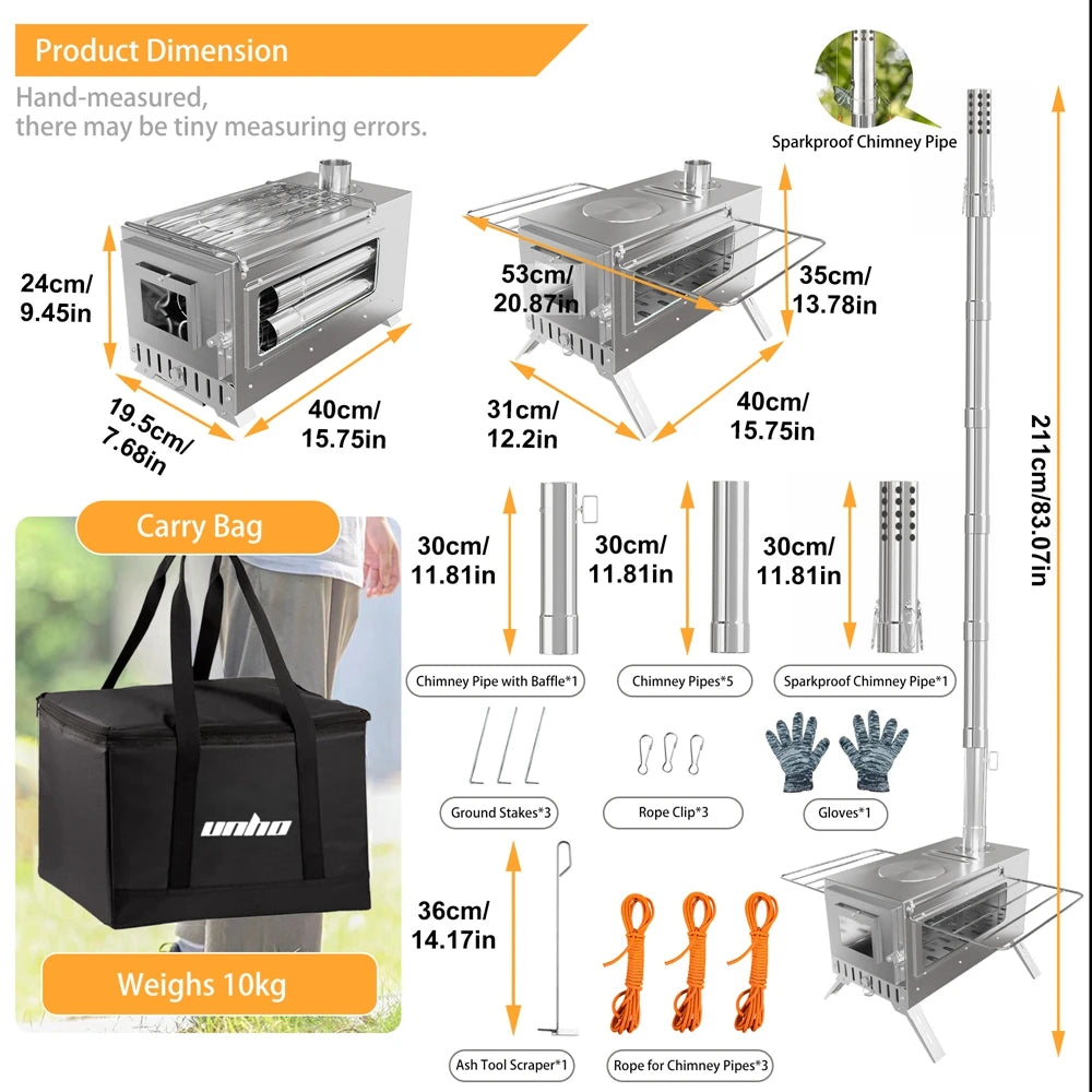 Portable Wood Burning Stove Stainless Steel Outdoor Cooking Heater Log Burner with 7 Chimney Pipes