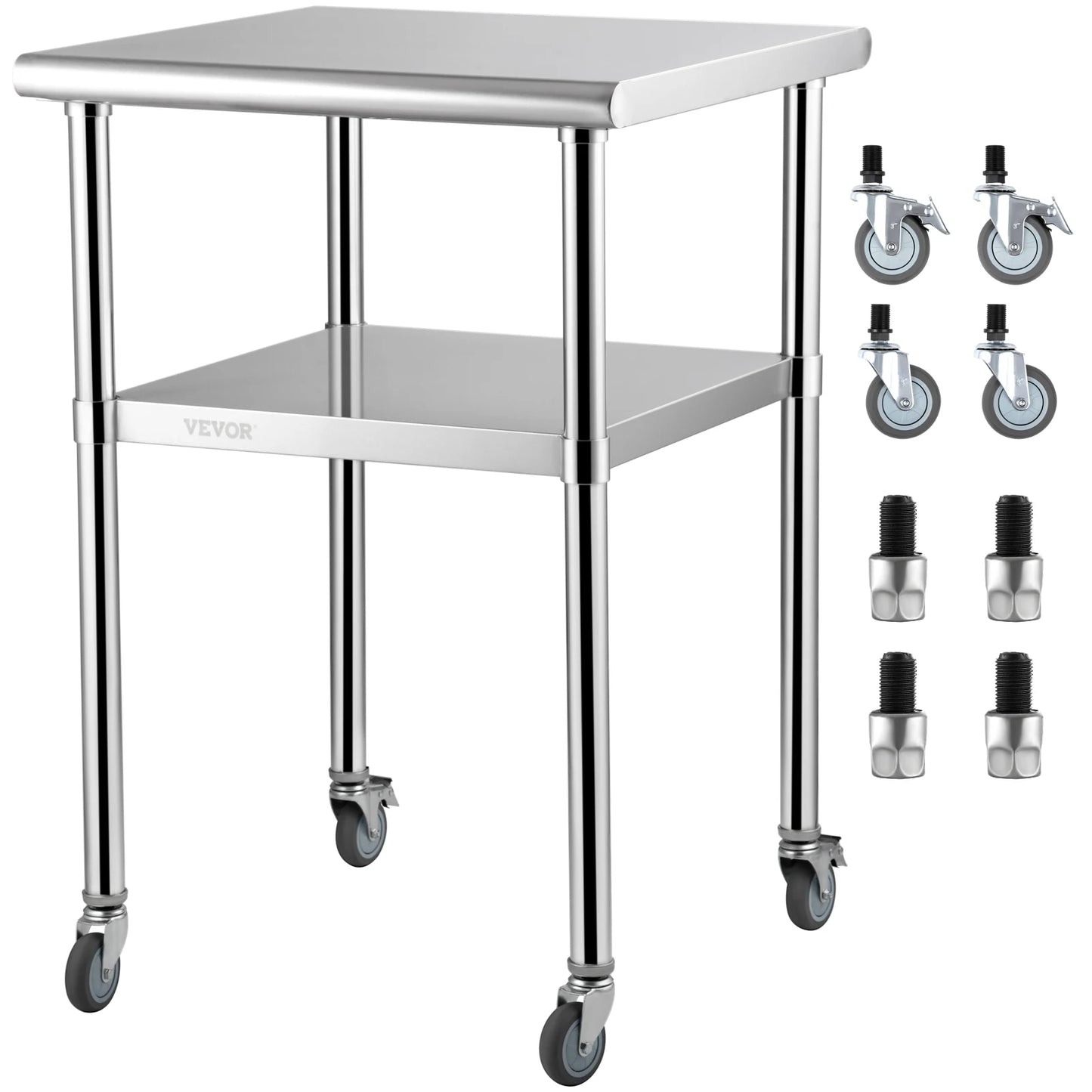 SucceBuy 24 x 24 in Stainless Steel Kitchen Worktable shelves Commercial Work Bench Table with Caster Wheels for Home Kitchen