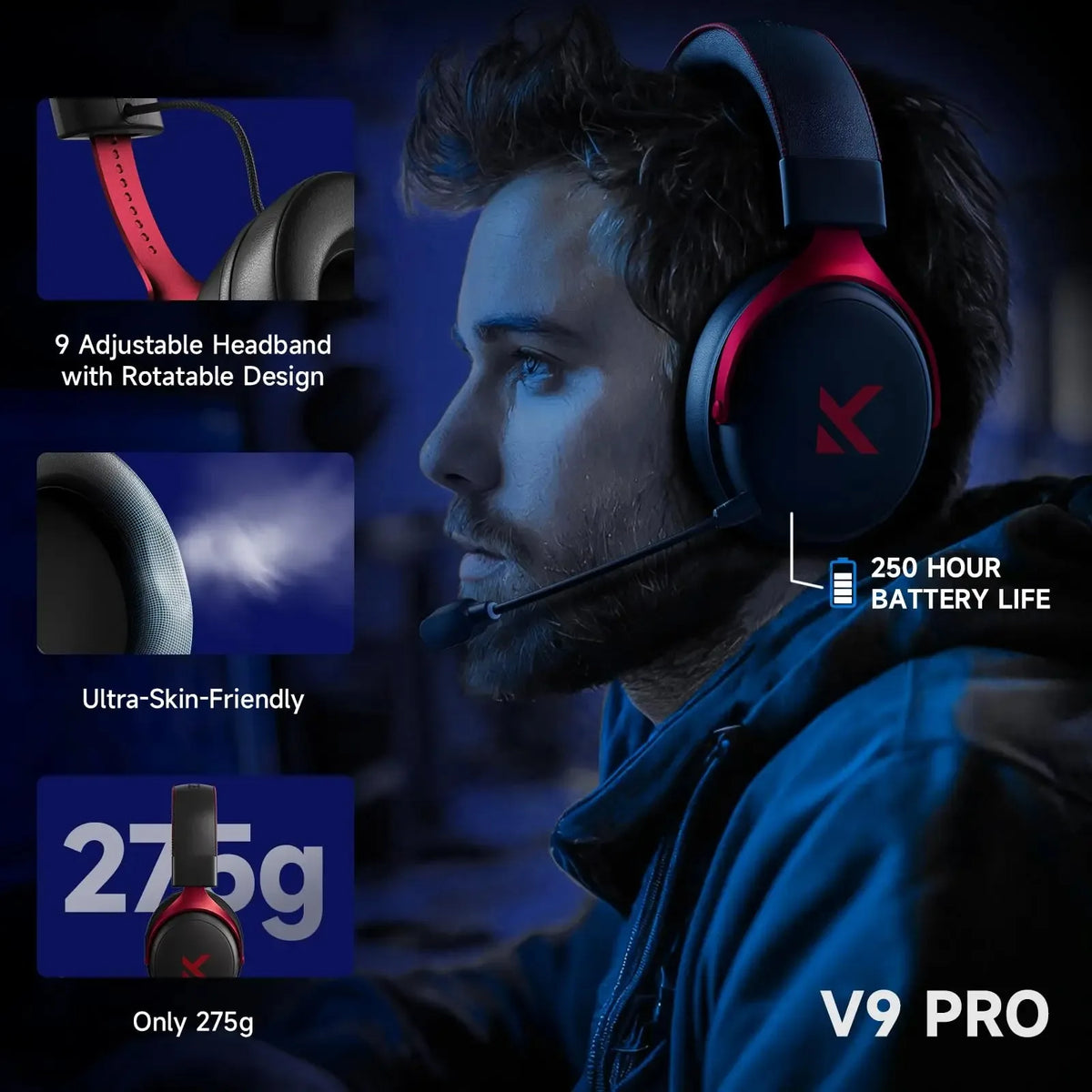 V9 Pro Wireless Gaming Headset 7.1Surround Sound Headphones Noise Canceling Mic Low Latency Lightweight for PS5 PC SWITCH
