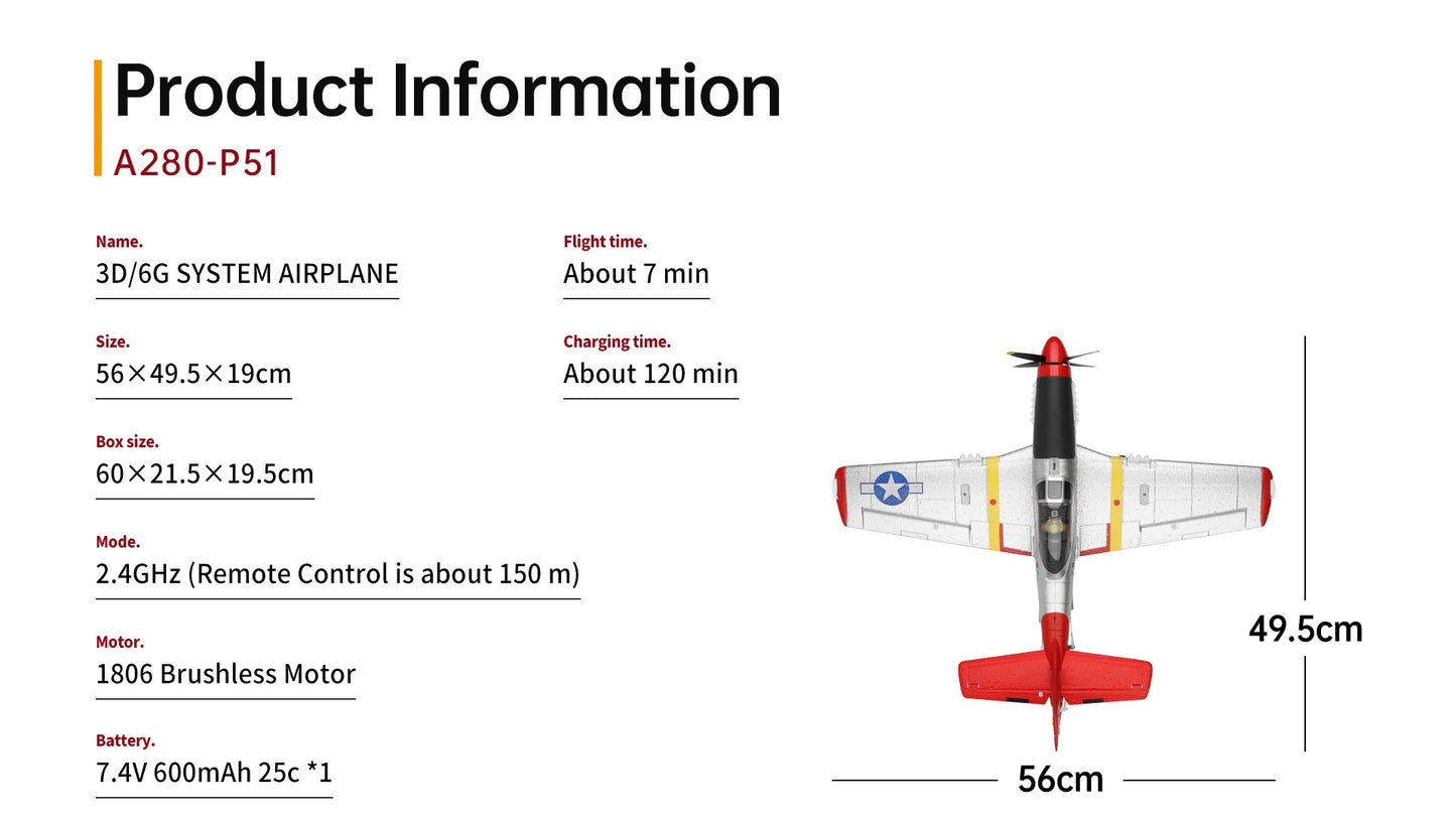 XK A280 P-51 3D/6G System 560mm Wingspan 2.4GHz 4CH EPP RC Airplane Fighter RTF With LED Lights Vehicles Toy Gift for Beginner