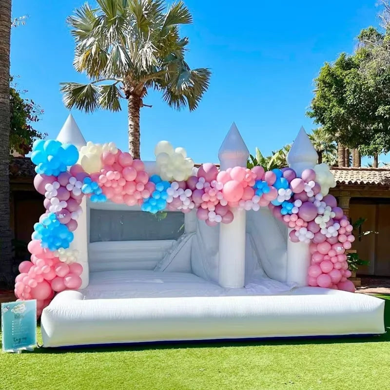 In stock! Large white bounce house, slide and ball pit, outdoor PVC trampoline, bouncy castle with blower for kids and adults