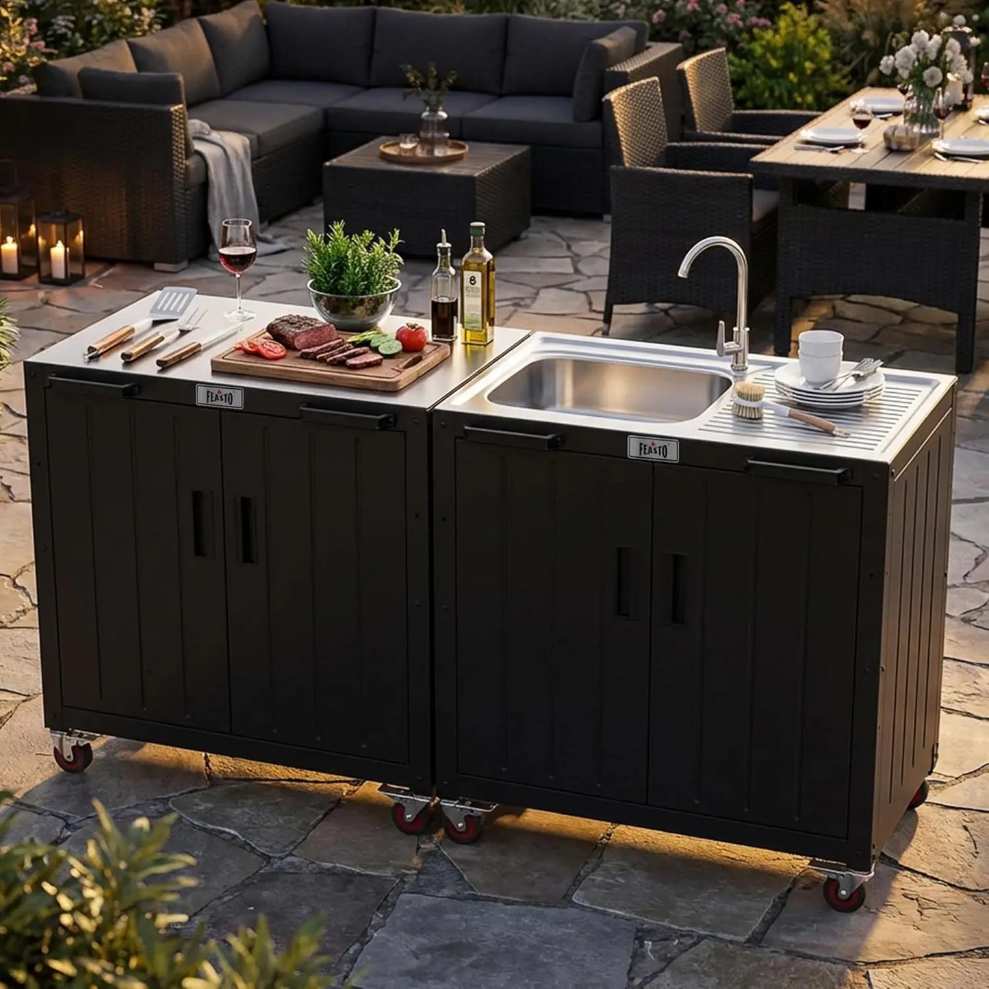 Outdoor Kitchen Island with Stainless Steel Sink and Storage Cabinet, 35-Inch BBQ Prep Station with Faucet & Lockable Wheels for