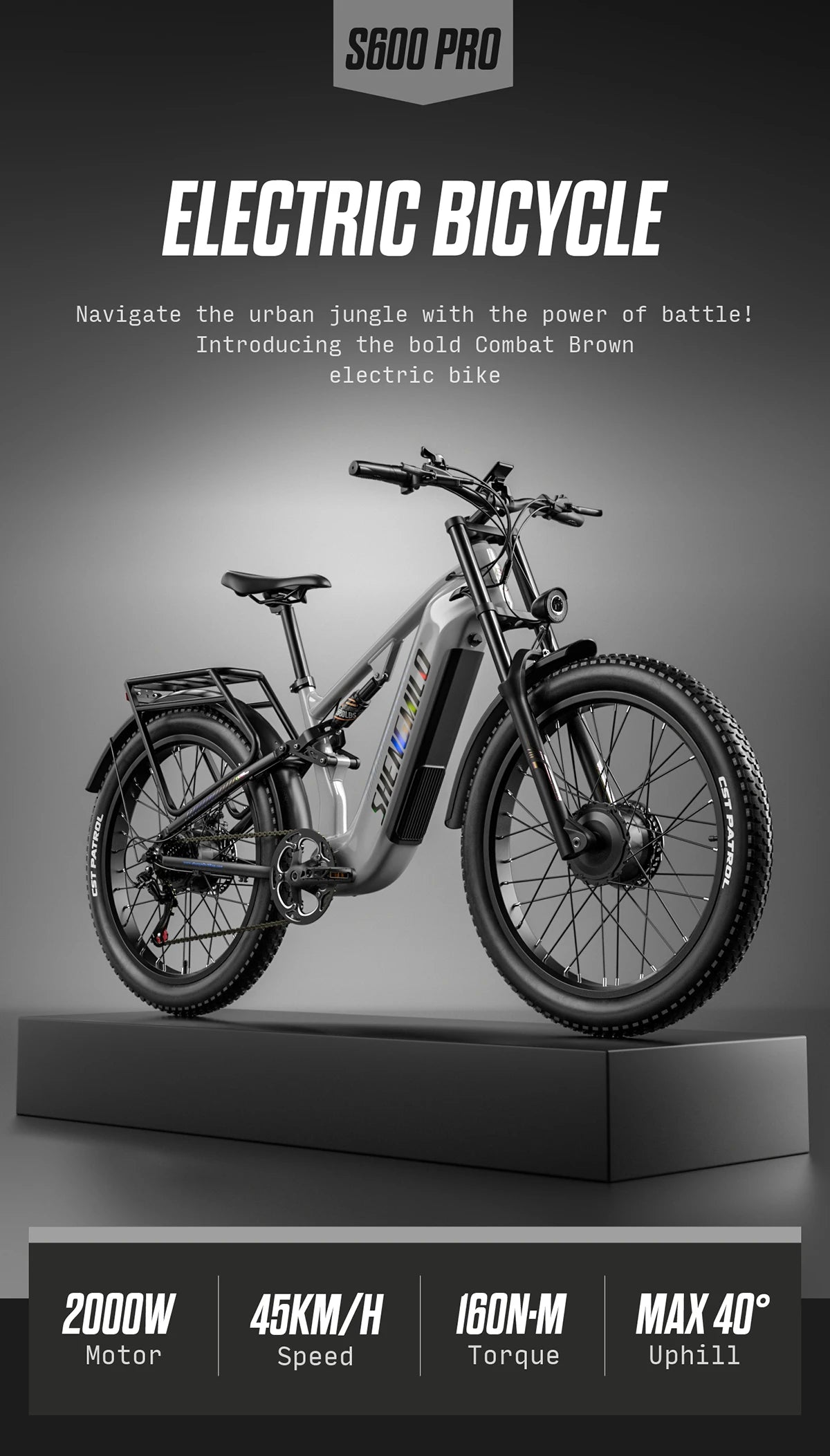 Shengmilo S600 26 inches adult electric mountain bike, 2000W dual motor ebike 7-speed electric bicycle，Fat Tire ebike17.5ah
