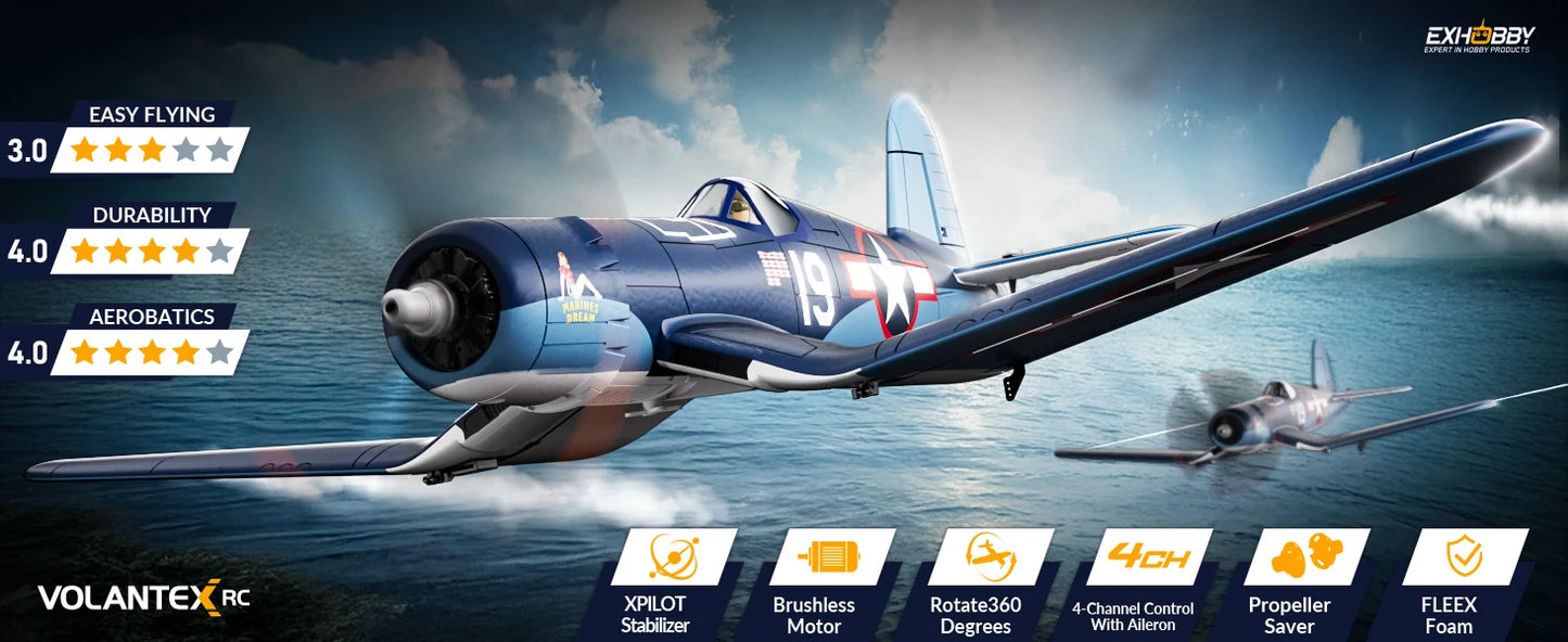 Volantexrc Brushless RC Plane F4U 4 Channel Remote Control Airplanes with 6-Axis Gyro 3 Modes & Aerobatics 2.4GHz Radio Controlled Aircraft for Beginners & Adults 768-3