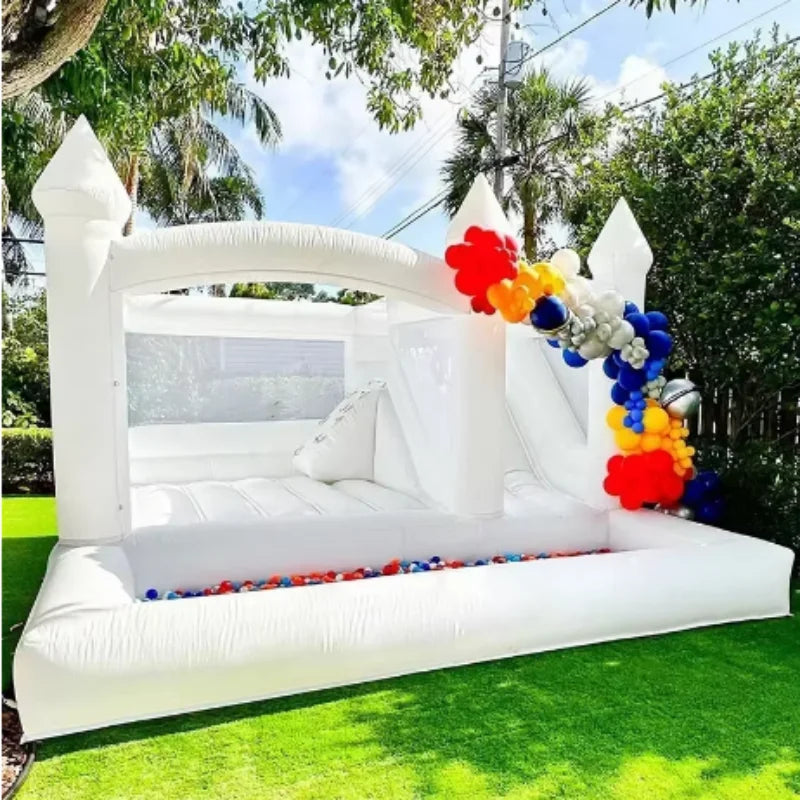 In stock! Large white bounce house, slide and ball pit, outdoor PVC trampoline, bouncy castle with blower for kids and adults