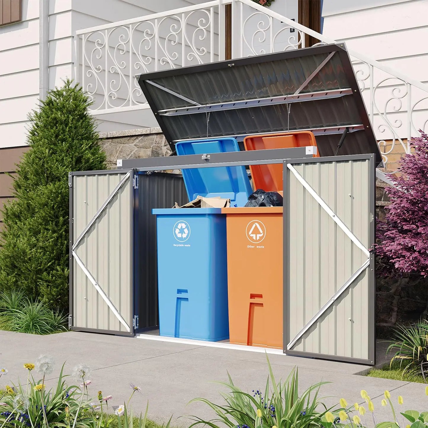 80 cu.ft Metal Outdoor Storage Shed with Chain Lid Waterproof Garbage Can Organizer for 2 Bins Toys Garden Tools, Customized