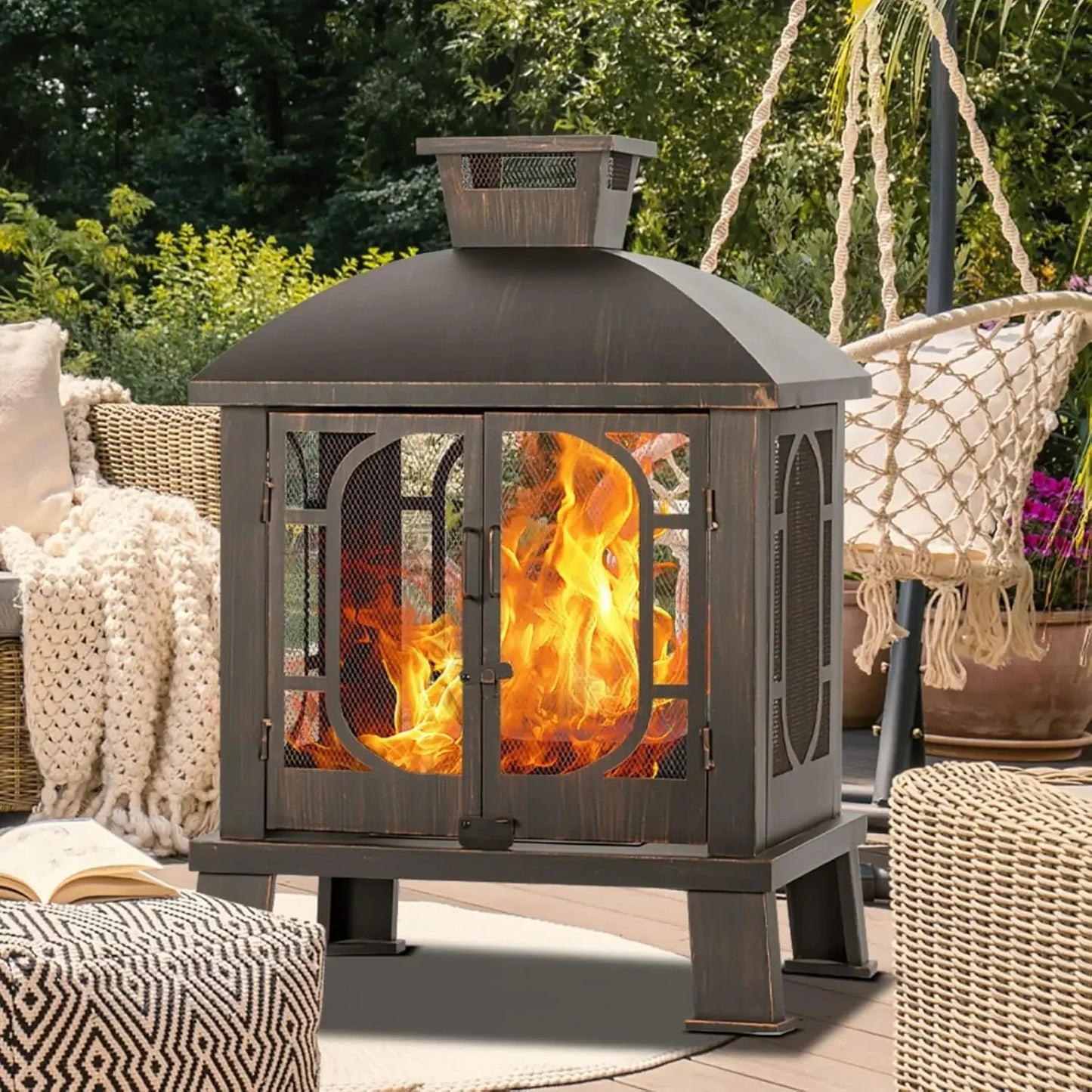 45" H×31''W Metal Chiminea Fire Pit with Grill, Wood Burning Fire Pits for Outside,Square Chimineas Fireplace with Mesh Spark Sc