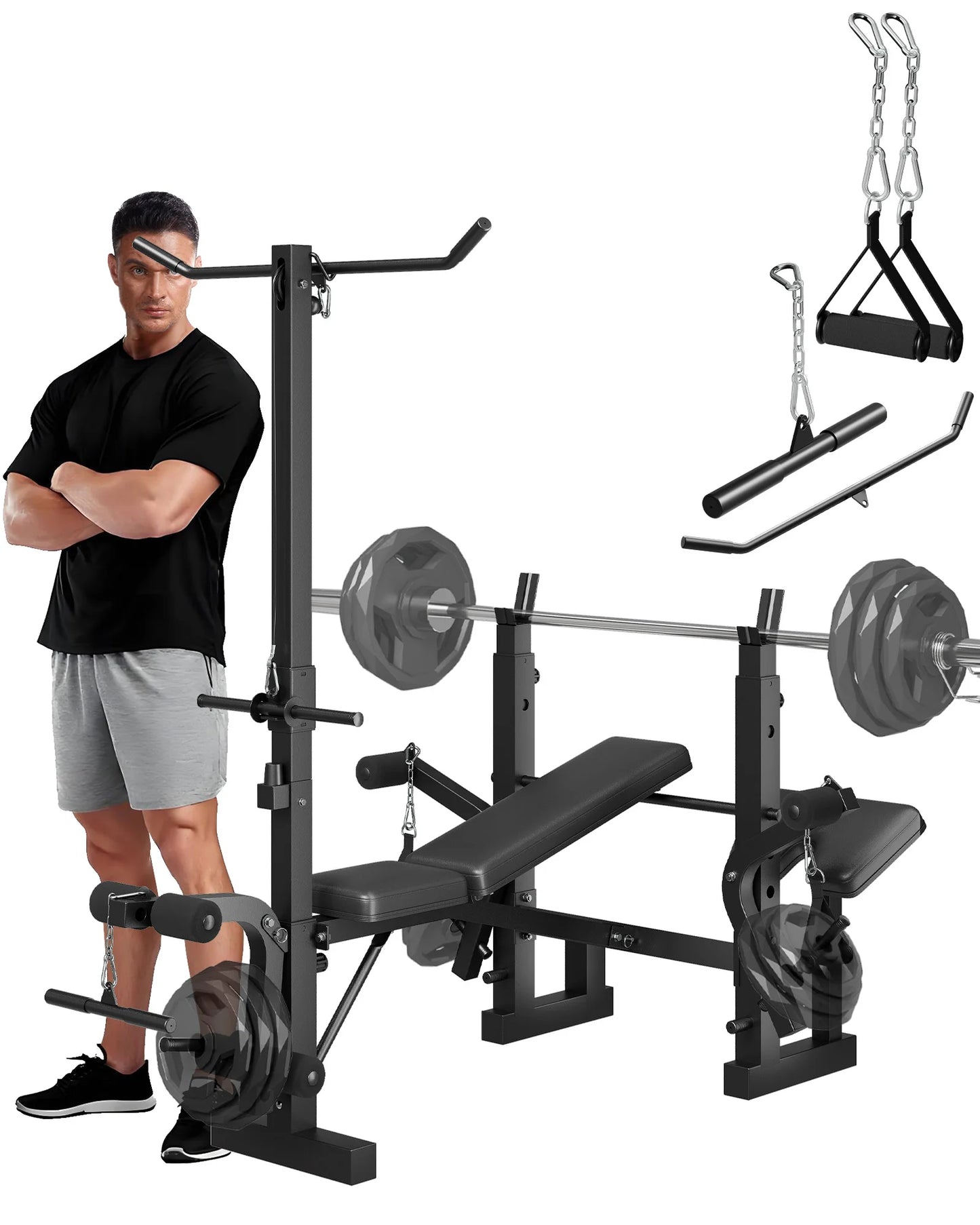 Adjustable 4-in-1 Weight Bench Set with Leg Developer Barbell Rack Butterfly Arm Preacher, Foldable Workout Bench for Home Gym