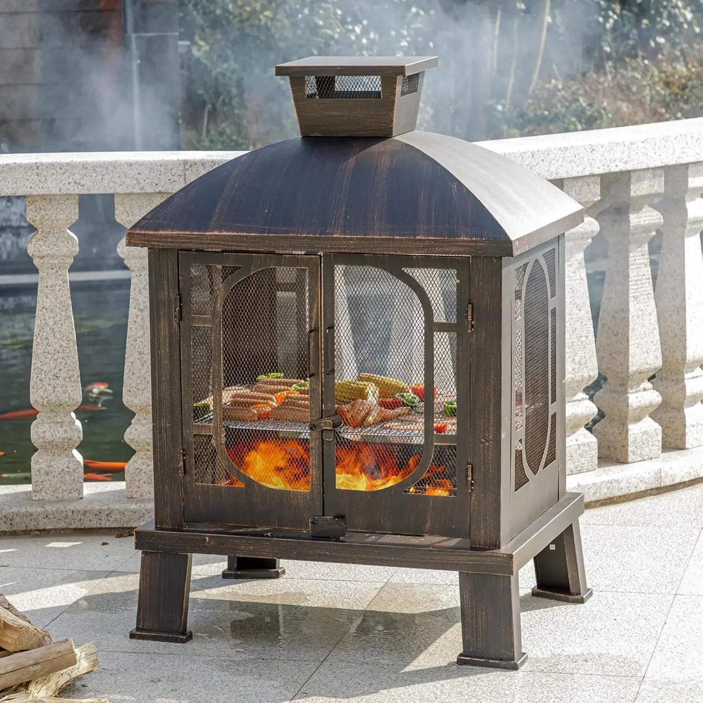 45" H×31''W Metal Chiminea Fire Pit with Grill, Wood Burning Fire Pits for Outside,Square Chimineas Fireplace with Mesh Spark Sc