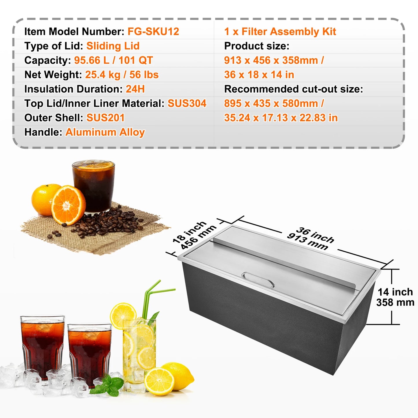 SucceBuy Drop in Ice Chest Stainless Steel Ice Cooler Commercial Ice Bin with Sliding Cover Outdoor Kitchen Ice Bar