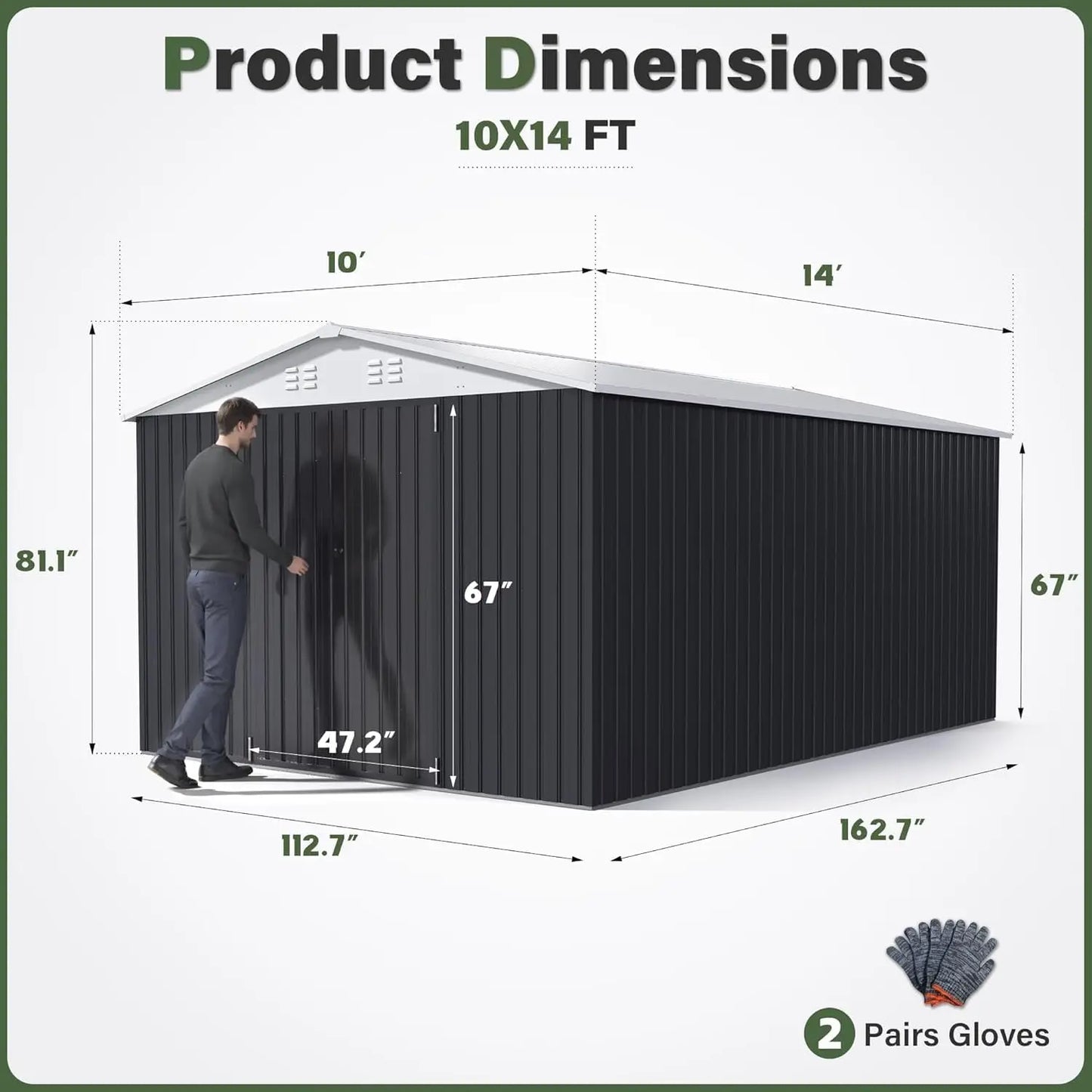 VIWAT 10x14FT Galvanized Steel Storage Shed, Reinforced Frame & Lockable Door, Garden Tool Shed for Backyard, Patio