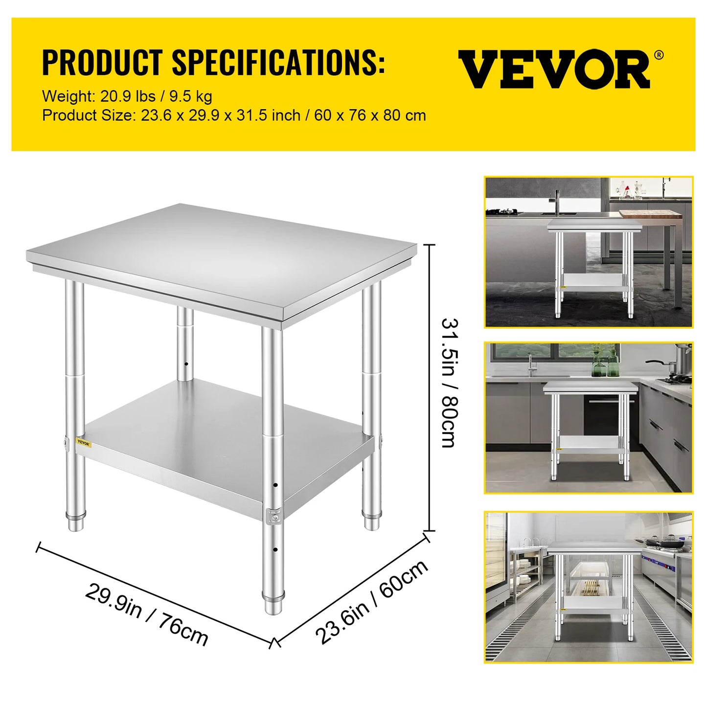 SucceBuy Kitchen Work Bench Commercial Catering Table Worktable with Undershelf Stainless Steel 330LBS 286LBS Restaurant Garage