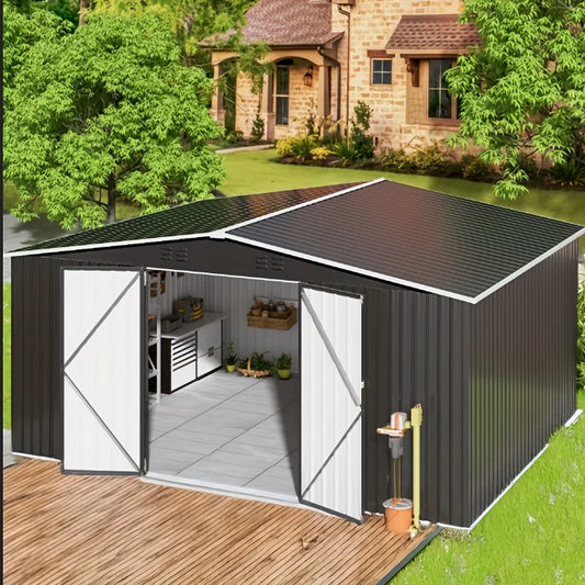 10x10~12x18FT Outdoor Metal Storage Heavy-Duty Frame Shed w/ Lockable Door, Heavy-Duty Tool Shed For Backyard Patio Graden